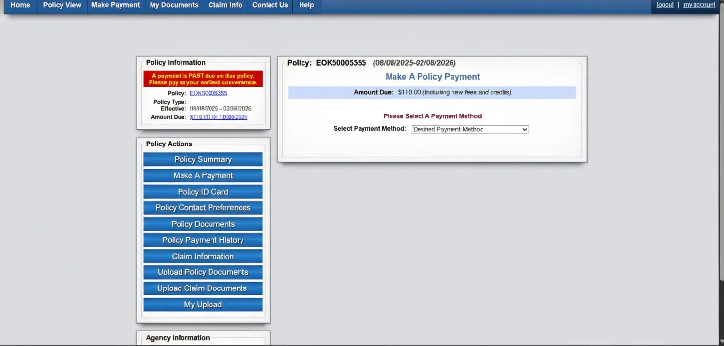User interface of the policyholder portal displaying the payment section with fields for amount and payment method.